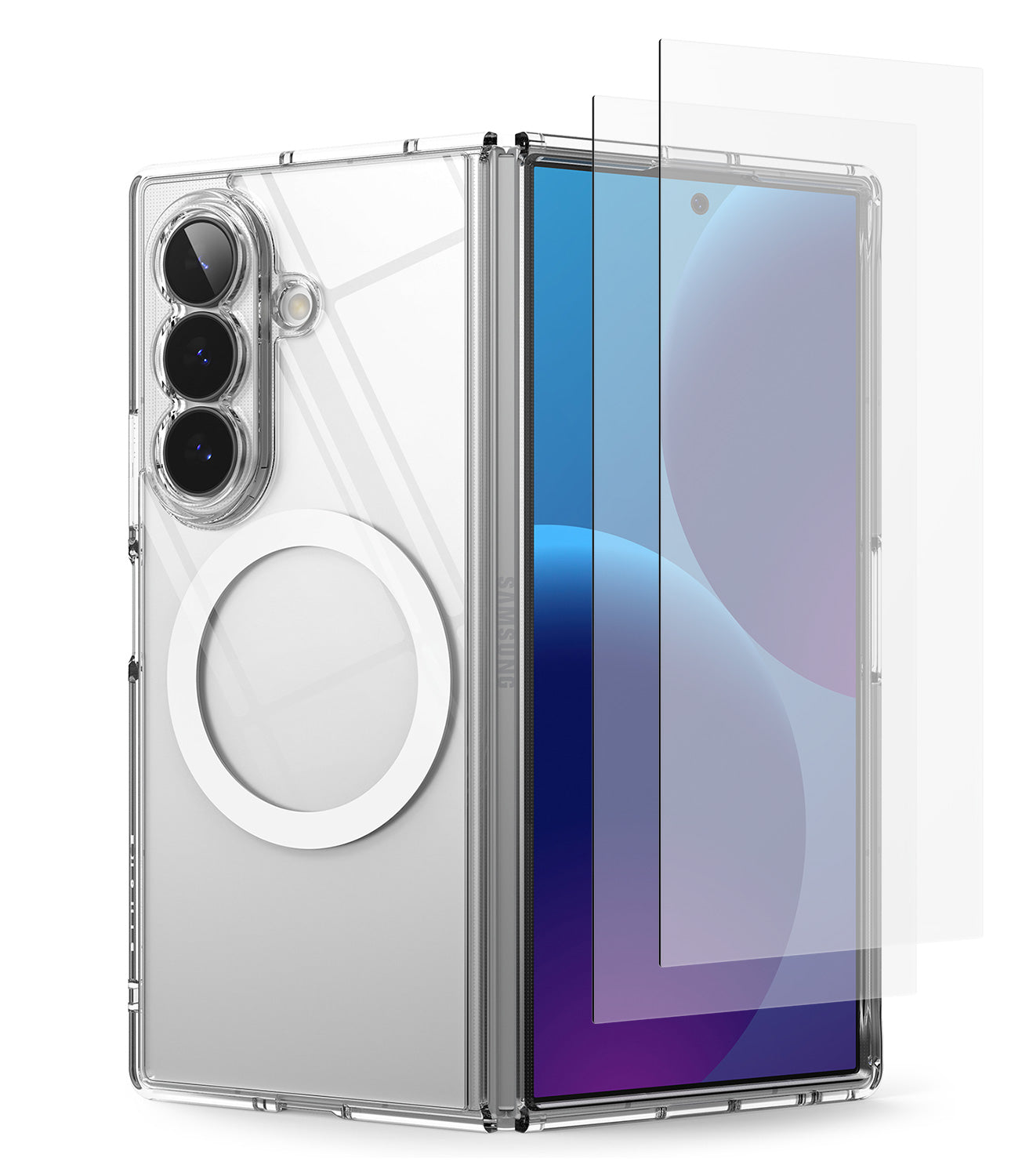 [Bundle] Galaxy Z Fold 8 Ultra | Fusion Magnetic + Cover Display Easy Slide Tempered Glass (2P) - A clear protective case for a foldable smartphone, shown partially open with a transparent screen protector overlay, on a white background.