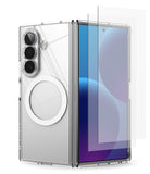 [Bundle] Galaxy Z Fold 8 Ultra | Fusion Magnetic + Cover Display Easy Slide Tempered Glass (2P) - A clear protective case for a foldable smartphone, shown partially open with a transparent screen protector overlay, on a white background.