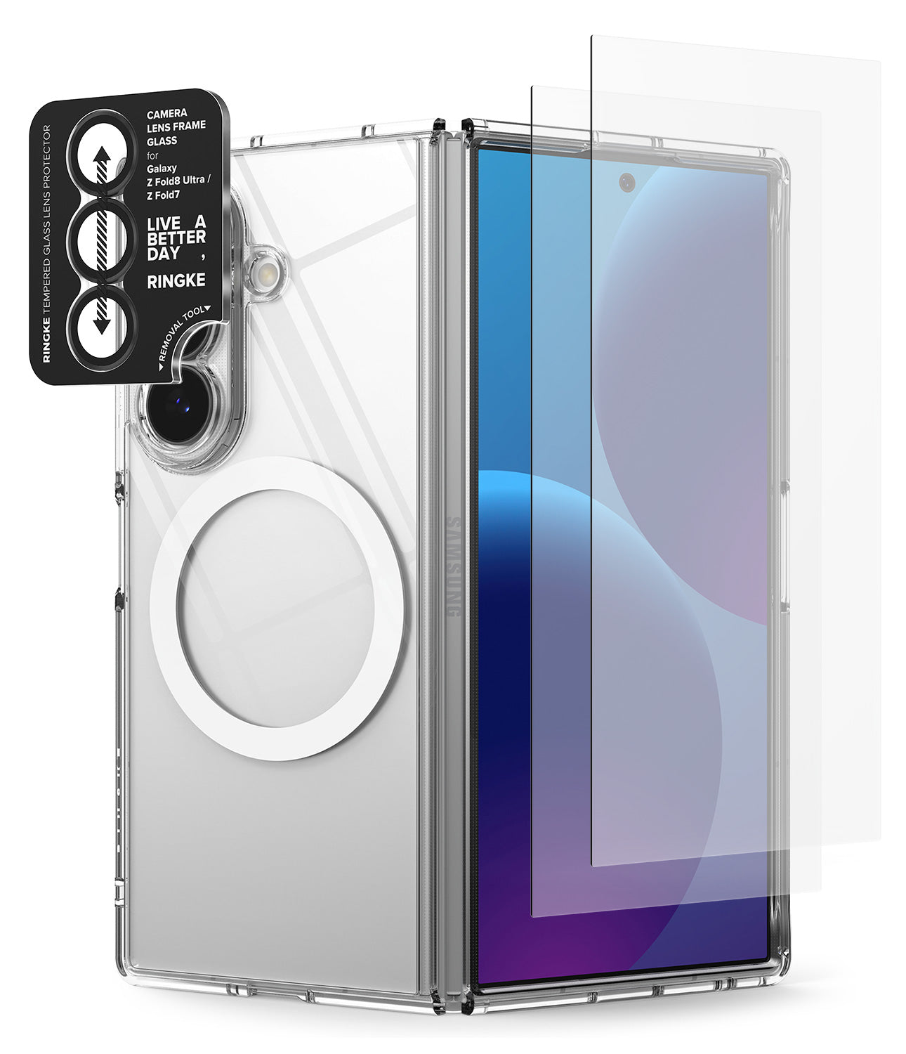 [Bundle] Galaxy Z Fold 8 Ultra | Fusion Magnetic + Cover Display Easy Slide Tempered Glass (2P) + Camera Lens Frame Glass (2P) - A transparent protective case shown on a smartphone, with a matching clear screen protector leaning against the upper right side and a black camera-protective sticker labeled Ringke on the upper left.