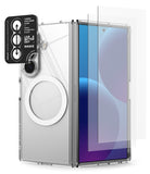 [Bundle] Galaxy Z Fold 8 Ultra | Fusion Magnetic + Cover Display Easy Slide Tempered Glass (2P) + Camera Lens Frame Glass (2P) - A transparent protective case shown on a smartphone, with a matching clear screen protector leaning against the upper right side and a black camera-protective sticker labeled Ringke on the upper left.