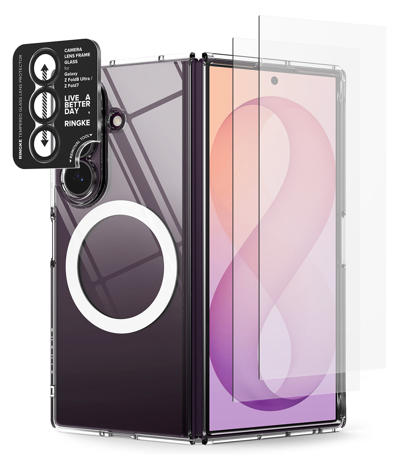 [Bundle] Galaxy Z Fold 8 Ultra | Fusion Magnetic + Screen / Camera Protectors (2P) - A clear protective case for a foldable smartphone, shown with a phone inserted and a separate transparent screen protector leaning against the front. A black camera-protective accessory with printed text is visible at the upper left.