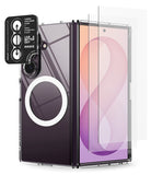 [Bundle] Galaxy Z Fold 8 Ultra | Fusion Magnetic + Screen / Camera Protectors (2P) - A clear protective case for a foldable smartphone, shown with a phone inserted and a separate transparent screen protector leaning against the front. A black camera-protective accessory with printed text is visible at the upper left.