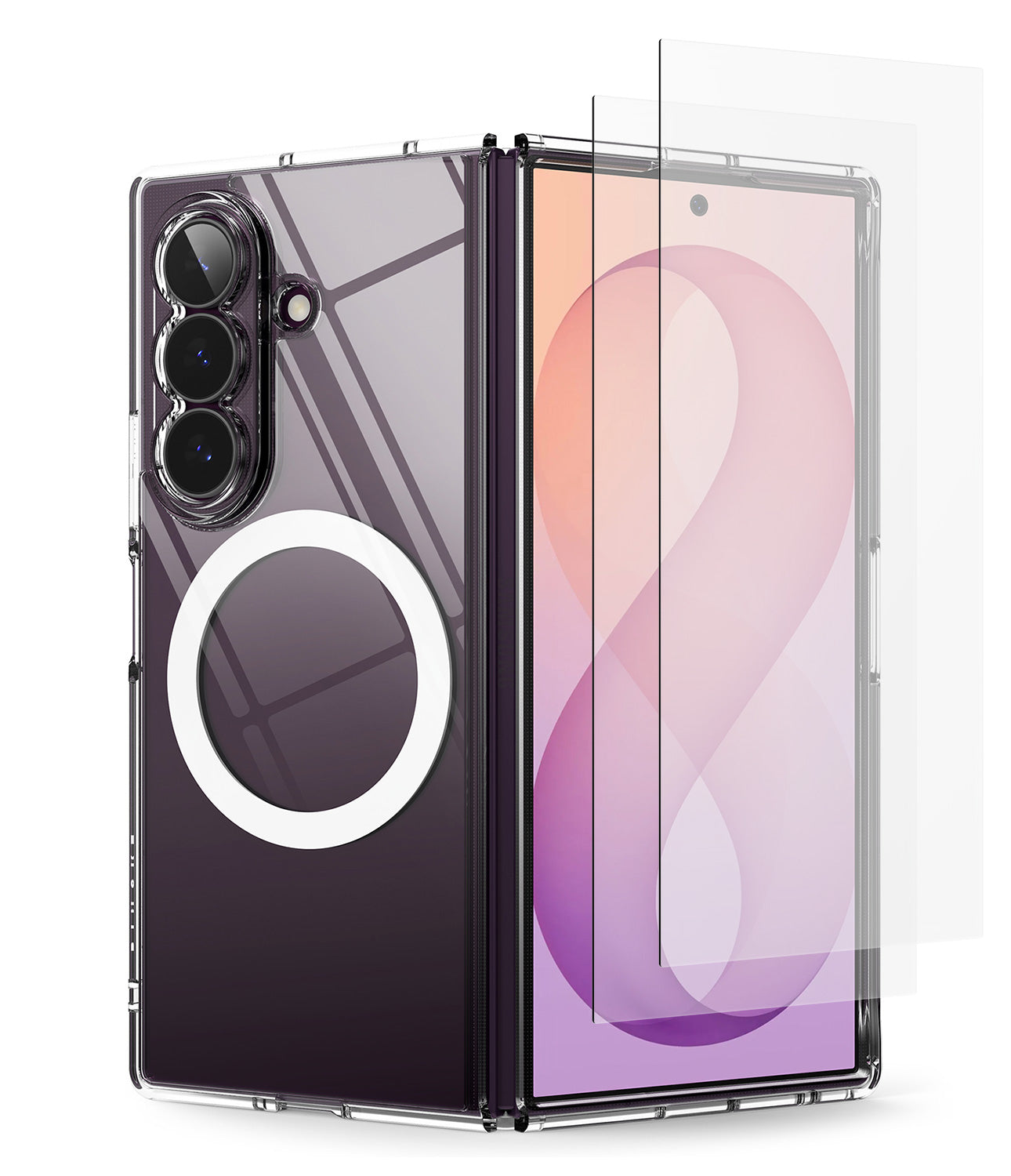 [Bundle] Galaxy Z Fold 8 Ultra | Fusion Magnetic + Screen Protectors (2P) - A clear protective case for a foldable smartphone, shown partially installed on a dark purple foldable phone. The case features a prominent white circular MagSafe ring on the back and a transparent screen protector is shown aligned over the front display.