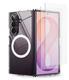[Bundle] Galaxy Z Fold 8 Ultra | Fusion Magnetic + Screen Protectors (2P) - A clear protective case for a foldable smartphone, shown partially installed on a dark purple foldable phone. The case features a prominent white circular MagSafe ring on the back and a transparent screen protector is shown aligned over the front display.