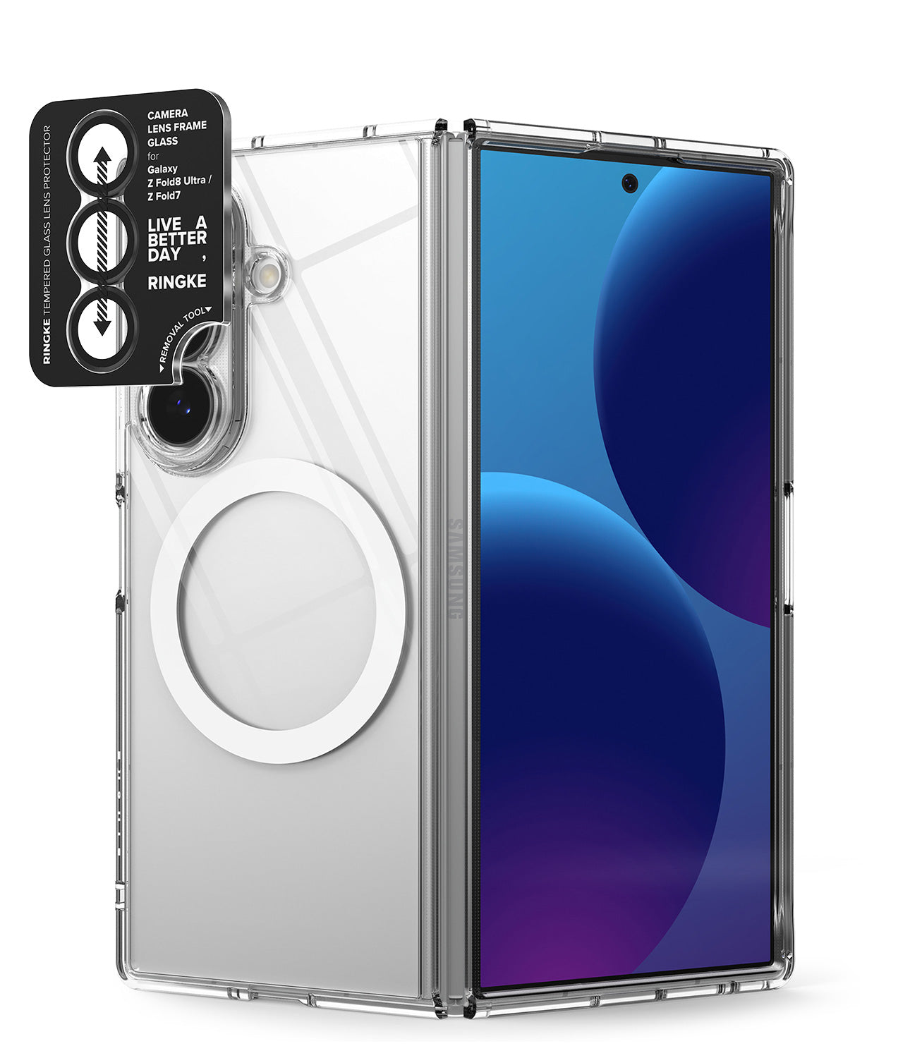 [Bundle] Galaxy Z Fold 8 Ultra | Fusion Magnetic + Camera Lens Frame Glass (2P) - Clear protective phone case with a circular MagSafe ring on the back, shown on a smartphone with the screen on, alongside a black camera lens protection sticker labeled Ringke.