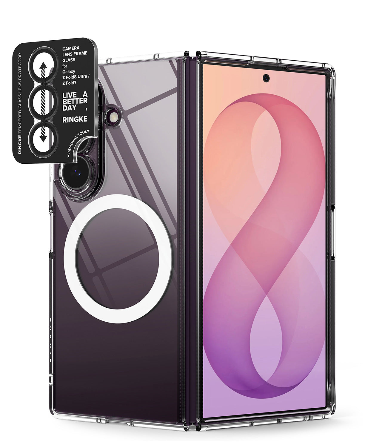 [Bundle] Galaxy Z Fold 8 Ultra | Fusion Magnetic + Camera Protectors (2P) - A transparent protective case for a foldable smartphone, shown with the phone partially inserted. The case has a circular magnetic ring on the back and a black camera lens protector sticker labeled 'LIVE A BETTER DAY RINGKE' attached to the upper left.