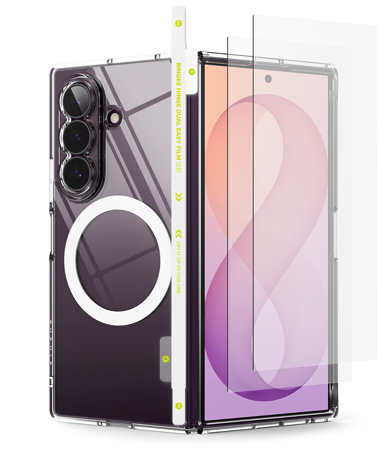 [Bundle] Galaxy Z Fold 8 Ultra | Fusion Magnetic + Screen & Hinge Protectors - A clear protective smartphone case shown on a phone, alongside two transparent screen protectors and a white removal strip with yellow text, all on a clean white background.