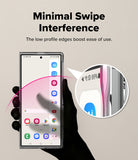 Galaxy Z Fold 8 Ultra Case | Fusion Magnetic - A hand holding a smartphone with a clear protective case, shown on a beige background with marketing text reading 'Minimal Swipe Interference' and a circular inset highlighting the low-profile edge design.