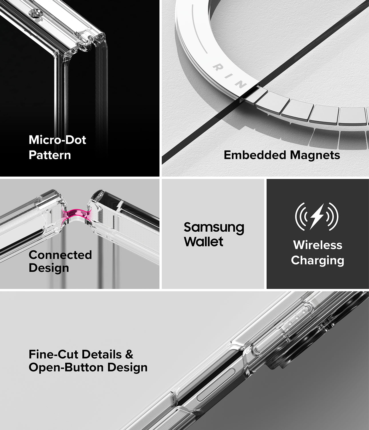 [Bundle] Galaxy Z Fold 8 Ultra | Fusion Magnetic + Camera Lens Frame Glass (2P) - A 5-panel feature collage showcasing a clear protective phone case with text labels including 'Micro-Dot Pattern', 'Embedded Magnets', 'Connected Design', 'Samsung Wallet', 'Wireless Charging', and 'Fine-Cut Details & Open-Button Design'.