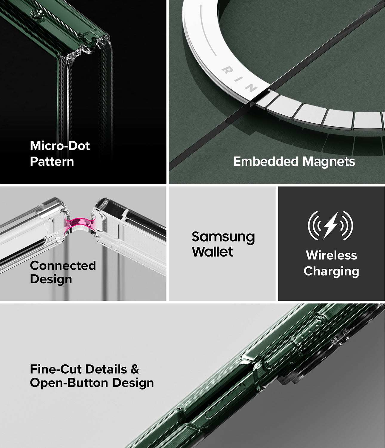 Galaxy Z Fold 8 Ultra Case | Fusion Magnetic - A 4-panel promotional collage showing a dark green Samsung Galaxy Watch 4 case with feature callouts: Micro-Dot Pattern, Embedded Magnets, Connected Design with a pink accent ring, and Wireless Charging. Text also highlights fine-cut details and open-button design.