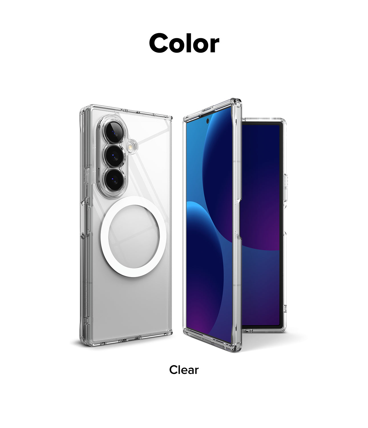 Galaxy Z Fold 8 Ultra Case | Fusion Magnetic - A transparent clear phone case shown on a smartphone from the back and side angles, with the text 'Color' above and 'Clear' below on a white background.