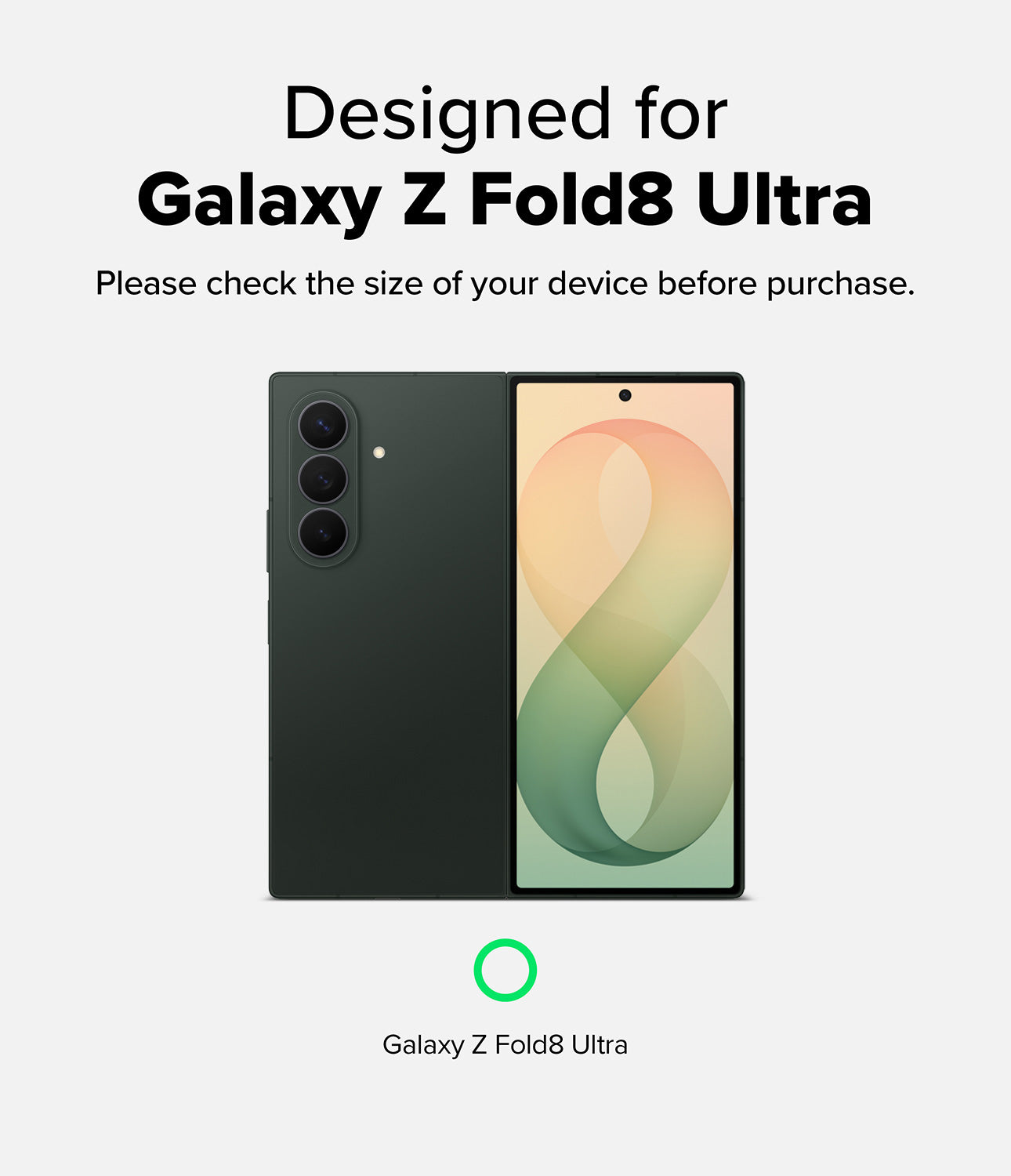 Galaxy Z Fold 8 Ultra Case | Fusion Magnetic - A promotional graphic for a smartphone case or phone accessory designed for the Samsung Galaxy Z Fold8 Ultra. The image shows a dark green phone case with a vertical camera cutout, alongside a front view of a Galaxy Z Fold8 Ultra device displaying a colorful screen.