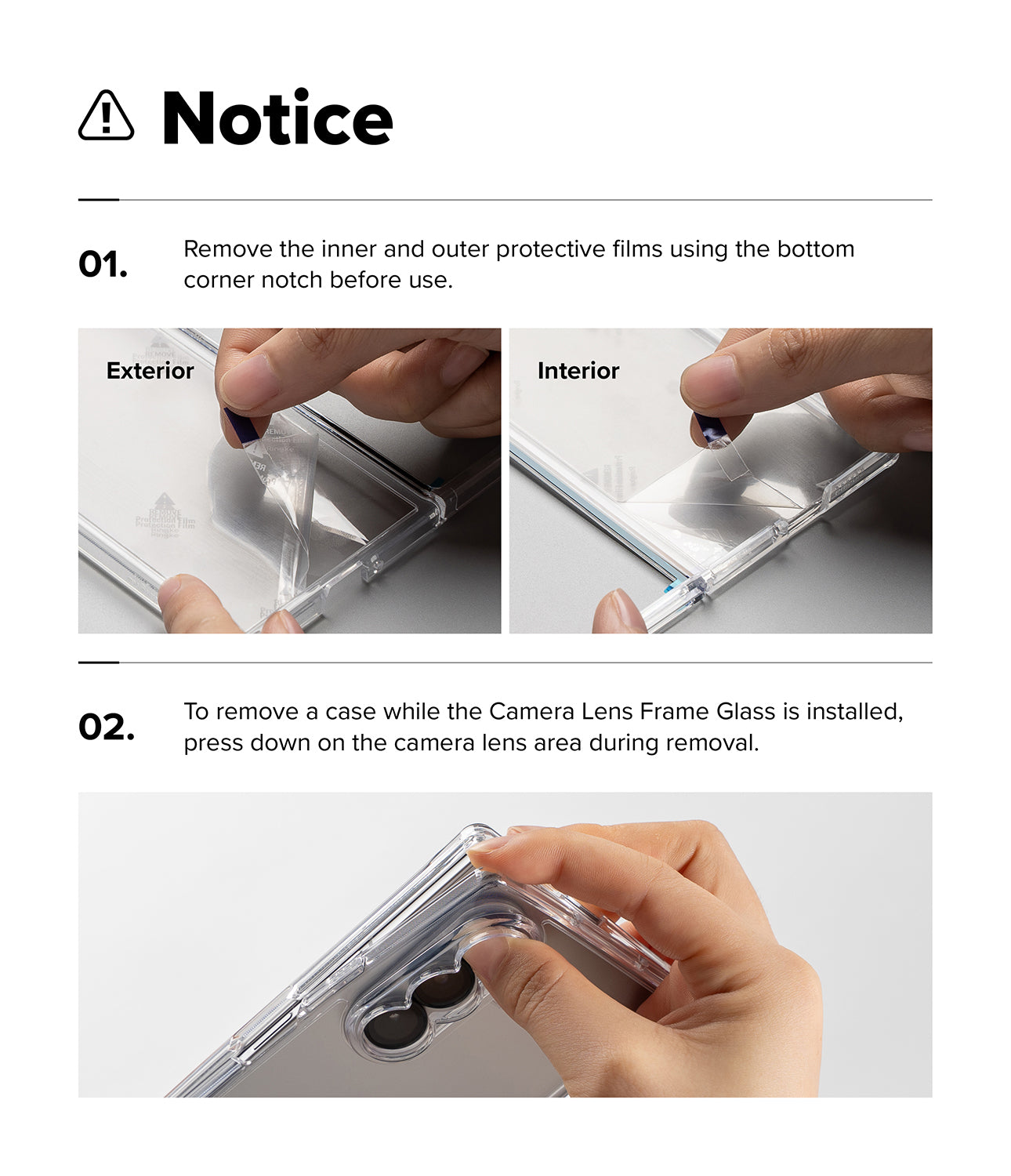 Galaxy Z Fold 8 Ultra Case | Fusion Magnetic - Instruction sheet showing how to remove protective films and a camera lens frame glass from a clear phone case, with numbered steps and small photos of hands performing the actions on a light gray background.