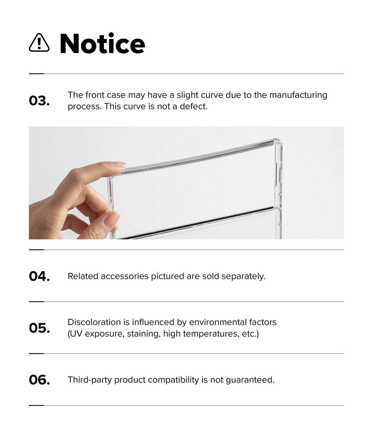 Galaxy Z Fold 8 Ultra Case | Fusion Magnetic - A white notice sheet with black text and a small inset photo showing a hand holding a clear rectangular panel. The notice lists six points, including that the front case may have slight curvature from manufacturing and that related accessories are sold separately.