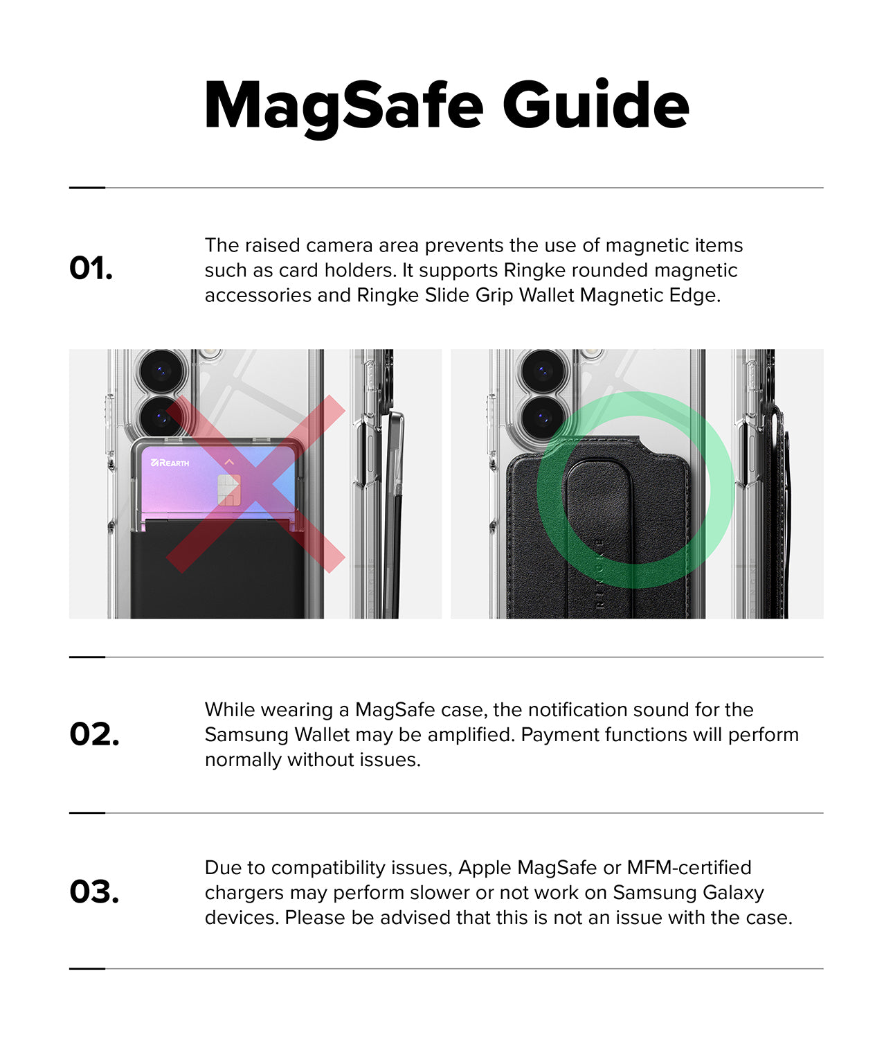Galaxy Z Fold 8 Ultra Case | Fusion Magnetic - A product information sheet titled 'MagSafe Guide' with three numbered points explaining compatibility and magnetic behavior. The center panel shows a smartphone case with a magnetic ring accessory attached, plus a green circle highlighting the magnetic edge area.