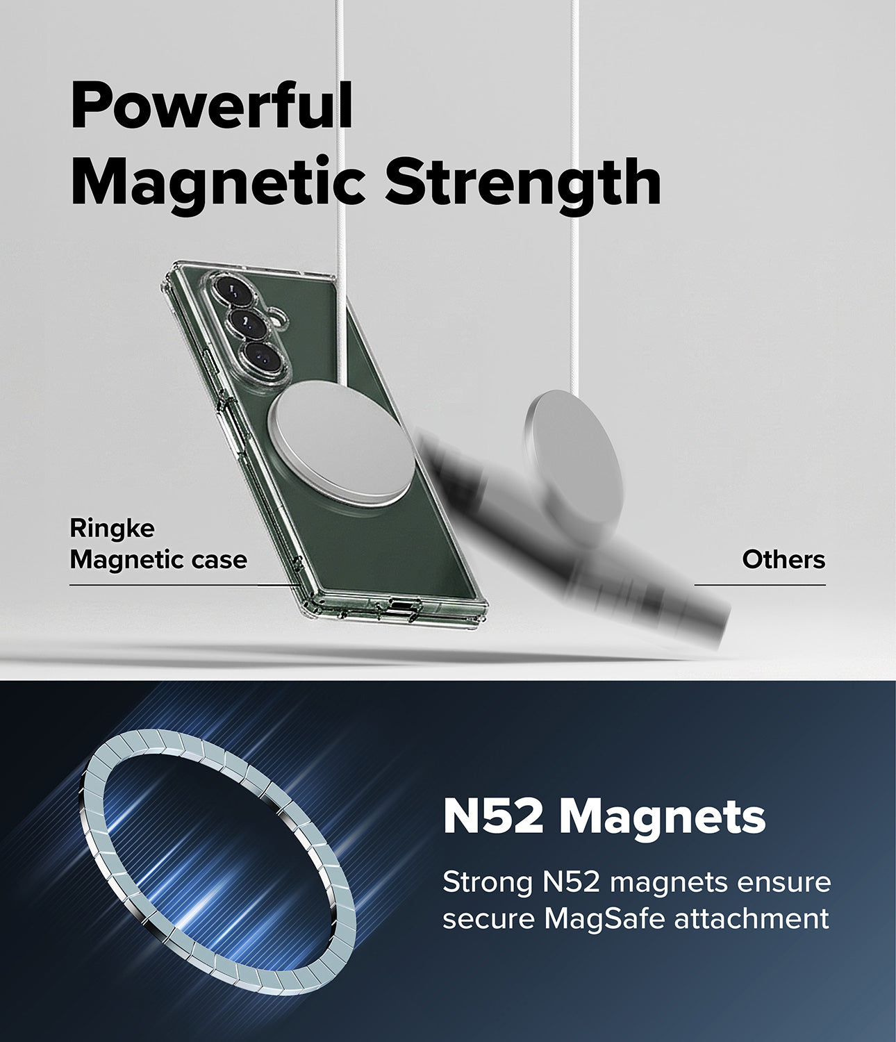 Galaxy Z Fold 8 Ultra Case | Fusion Magnetic - Promotional graphic for a magnetic phone case, showing a dark green Ringke magnetic case with a circular MagSafe ring and a blurred comparison of a generic magnetic case. Text highlights 'Powerful Magnetic Strength' and 'N52 Magnets'.