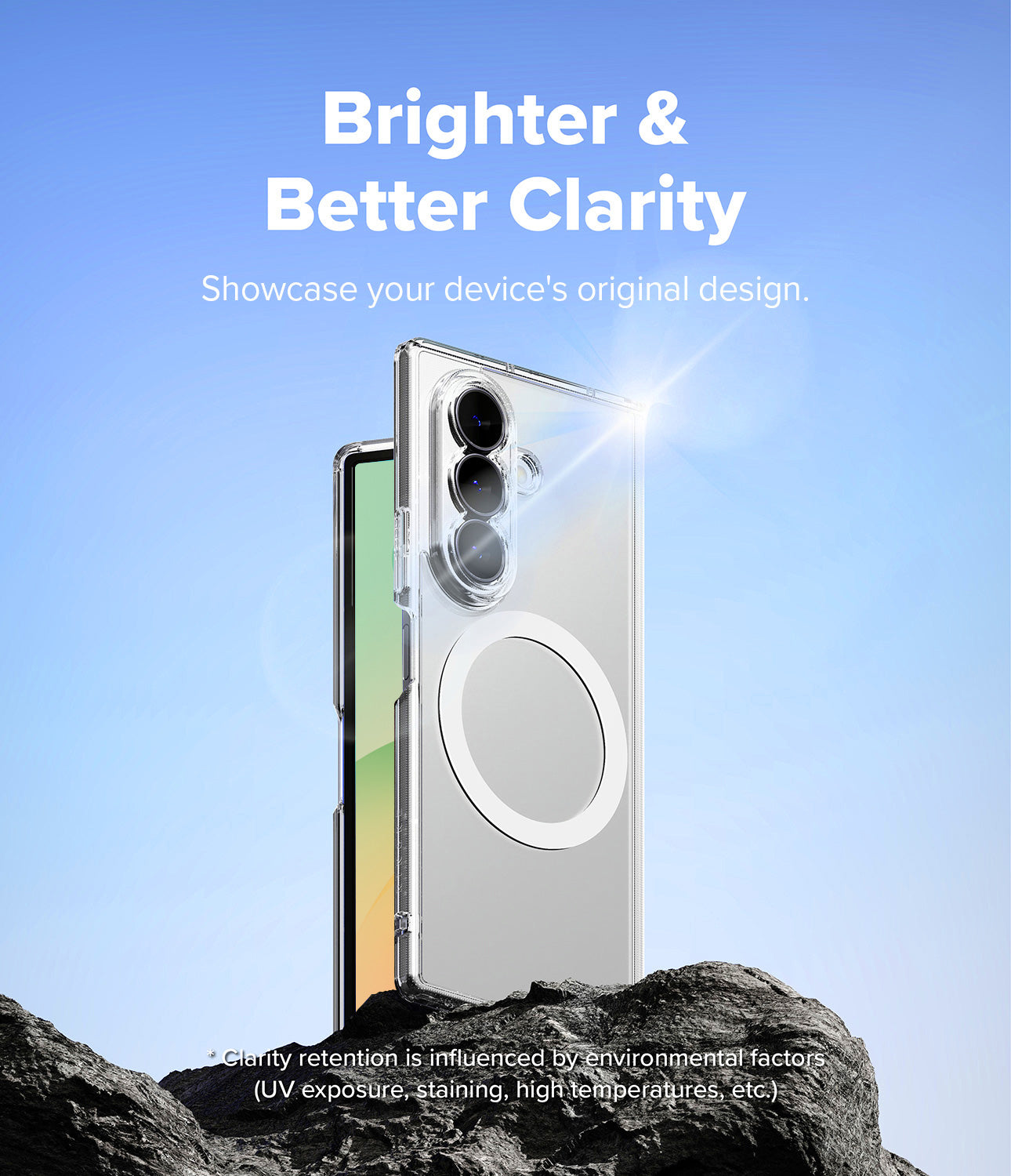 Galaxy Z Fold 8 Ultra Case | Fusion Magnetic - A clear protective phone case shown on a smartphone, with the case and phone standing upright on dark rocks against a bright blue sky. White text at the top reads 'Brighter & Better Clarity' and small disclaimer text appears near the bottom.