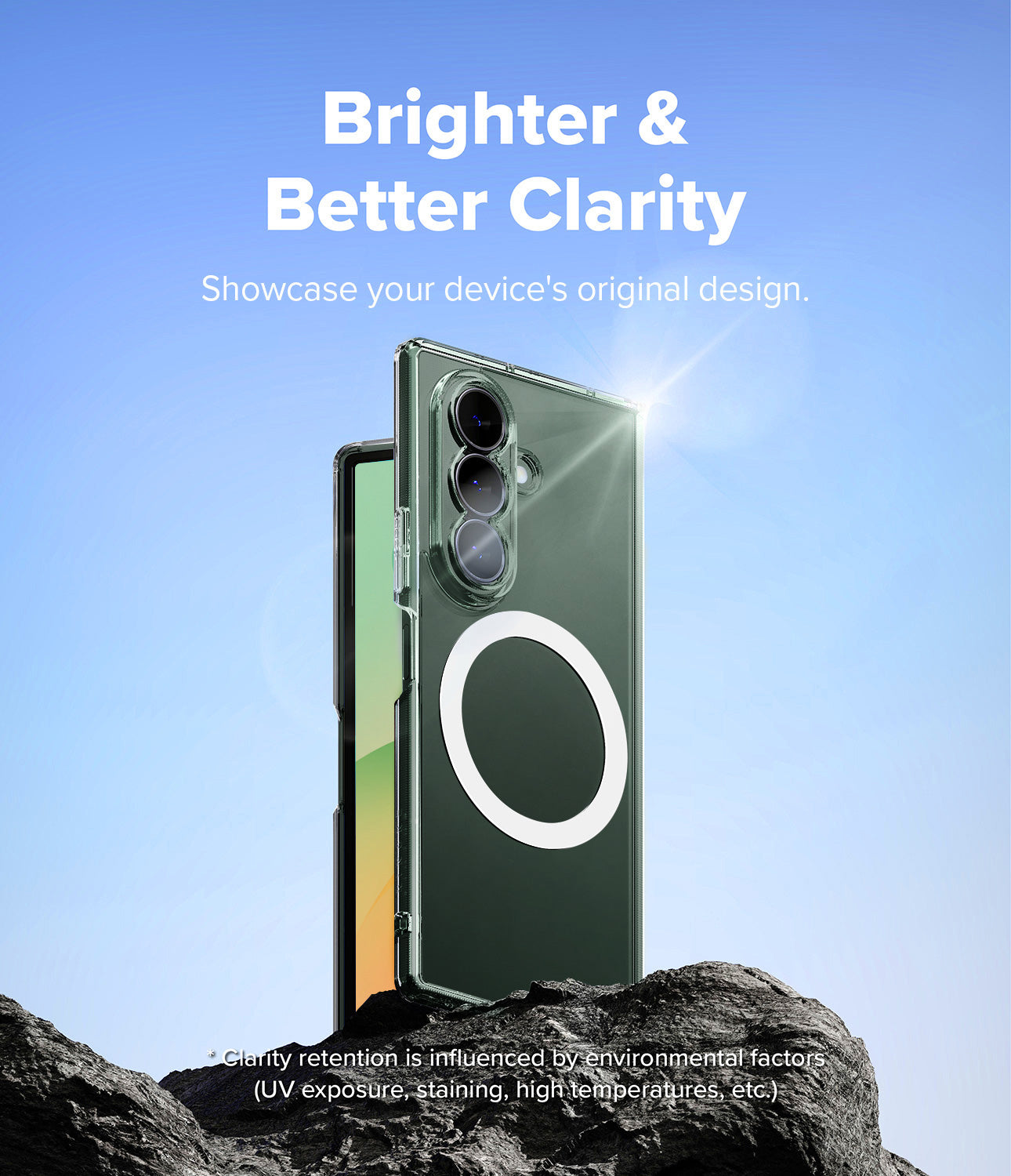 Galaxy Z Fold 8 Ultra Case | Fusion Magnetic - A clear MagSafe-compatible phone case shown on a smartphone, standing upright on dark rocks against a bright blue sky. White text at the top reads 'Brighter & Better Clarity' and says to showcase the device's original design.