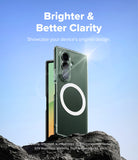 Galaxy Z Fold 8 Ultra Case | Fusion Magnetic - A clear MagSafe-compatible phone case shown on a smartphone, standing upright on dark rocks against a bright blue sky. White text at the top reads 'Brighter & Better Clarity' and says to showcase the device's original design.