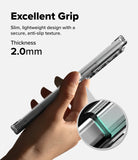 [Bundle] Galaxy Z Fold 8 Ultra | Fusion Magnetic + Camera Lens Frame Glass (2P) - A hand holds a slim transparent phone case with text reading 'Excellent Grip' and 'Thickness 2.0mm', plus a circular inset showing the grip texture detail.