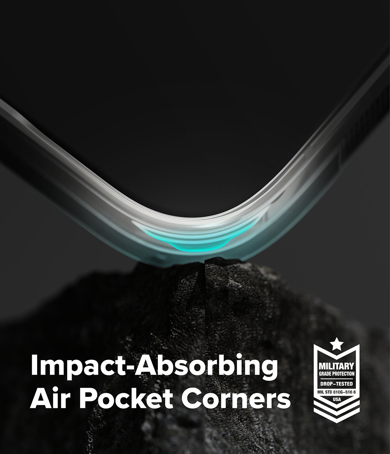 Galaxy Z Fold 8 Ultra Case | Fusion Magnetic - A close-up promotional graphic showing the curved corner of a smartphone resting on a dark textured surface, with a glowing translucent air pocket effect inside the bend. Large white text reads 'Impact-Absorbing Air Pocket Corners,' and a white 'Military Air Force Materials' badge appears in the lower right.