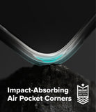 Galaxy Z Fold 8 Ultra Case | Fusion Magnetic - A close-up promotional graphic showing the curved corner of a smartphone resting on a dark textured surface, with a glowing translucent air pocket effect inside the bend. Large white text reads 'Impact-Absorbing Air Pocket Corners,' and a white 'Military Air Force Materials' badge appears in the lower right.