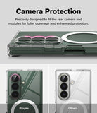 Galaxy Z Fold 8 Ultra Case | Fusion Magnetic - A promotional graphic for a phone camera protection case. The top section shows a dark green phone case with a clear camera cover and a pink accent ring, under the heading 'Camera Protection'.
