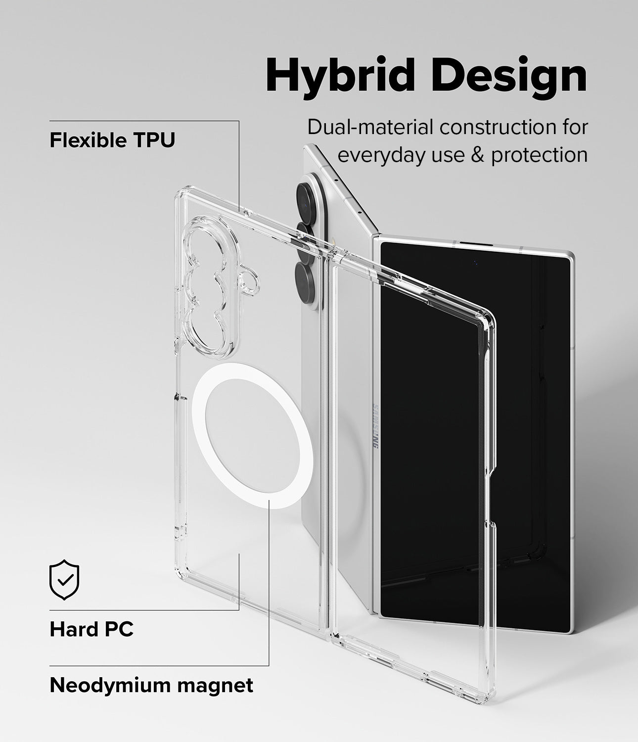 [Bundle] Galaxy Z Fold 8 Ultra | Fusion Magnetic + Camera Lens Frame Glass (2P) - Clear hybrid phone case with a circular magnetic ring and a black phone inserted, shown on a light gray background with text labels reading 'Hybrid Design,' 'Flexible TPU,' 'Hard PC,' and 'Neodymium magnet.'.