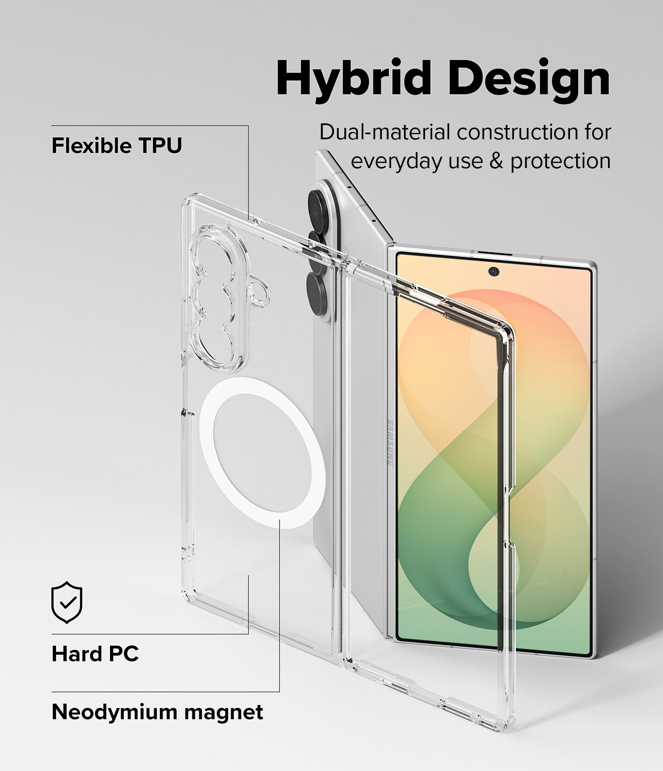 Galaxy Z Fold 8 Ultra Case | Fusion Magnetic - Transparent hybrid phone case with a built-in circular MagSafe ring, shown alongside a smartphone on a light gray background with explanatory text reading 'Hybrid Design,' 'Flexible TPU,' 'Hard PC,' and 'Neodymium magnet.'.