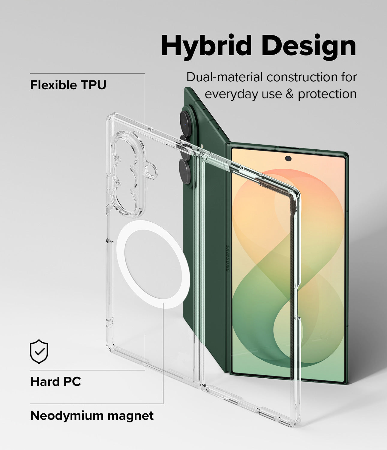 Galaxy Z Fold 8 Ultra Case | Fusion Magnetic - Clear hybrid phone case with a transparent back and a white circular magnetic ring, shown alongside a green smartphone. Text labels highlight Flexible TPU, Hard PC, and Neodymium magnet features under the heading Hybrid Design.