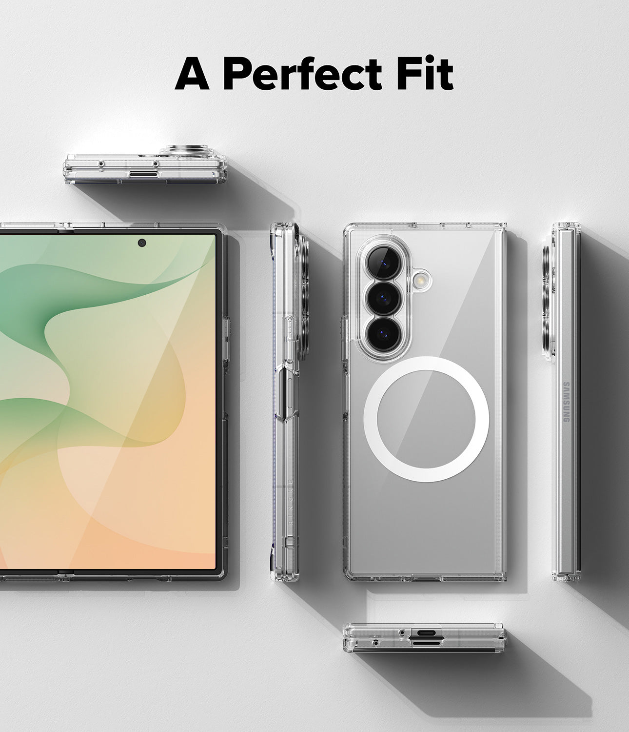 Galaxy Z Fold 8 Ultra Case | Fusion Magnetic - Transparent protective case shown on a silver smartphone from multiple angles, with the text 'A Perfect Fit' at the top on a light gray background.
