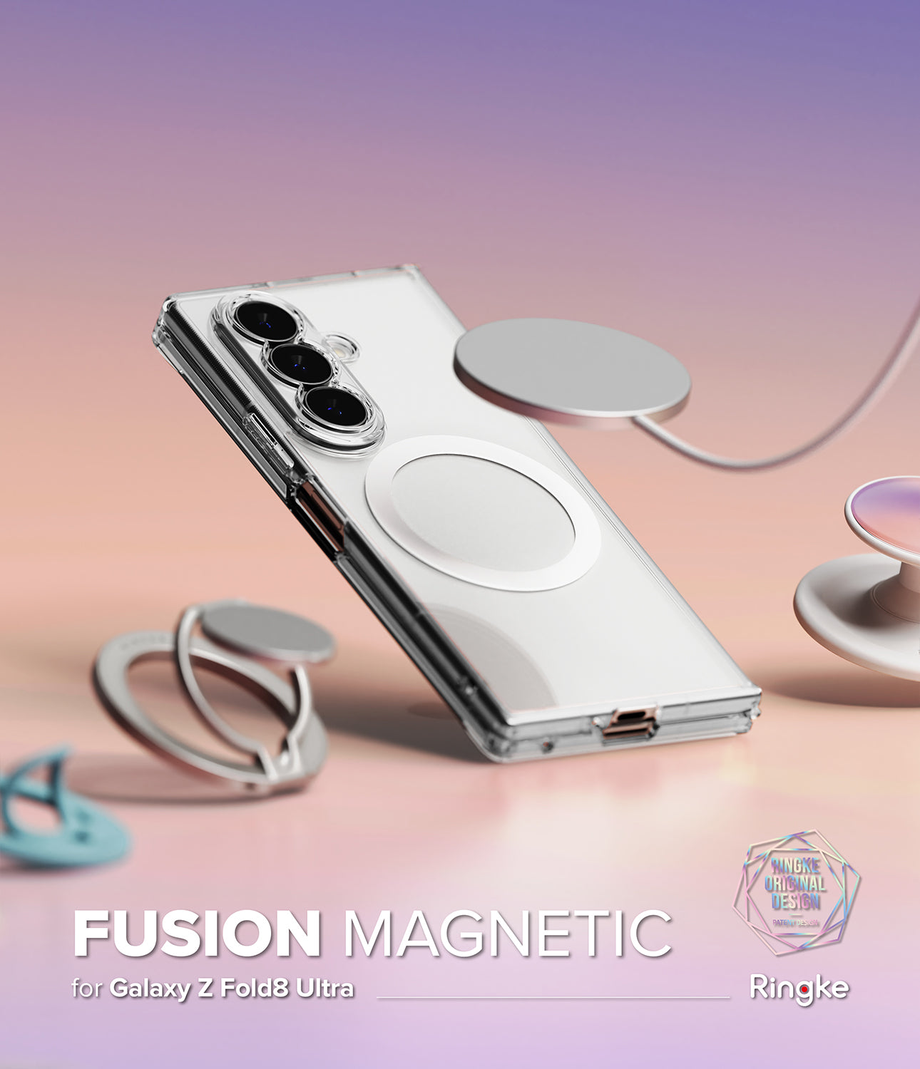 Galaxy Z Fold 8 Ultra Case | Fusion Magnetic - A clear magnetic phone case for a Samsung Galaxy Z Fold Ultra, shown floating with attached metallic magnetic rings and a circular magnetic pad on a soft pink-to-purple gradient background. Text at the bottom reads 'FUSION MAGNETIC for Galaxy Z Fold8 Ultra' with the Ringke logo.