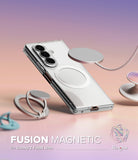 Galaxy Z Fold 8 Ultra Case | Fusion Magnetic - A clear magnetic phone case for a Samsung Galaxy Z Fold Ultra, shown floating with attached metallic magnetic rings and a circular magnetic pad on a soft pink-to-purple gradient background. Text at the bottom reads 'FUSION MAGNETIC for Galaxy Z Fold8 Ultra' with the Ringke logo.