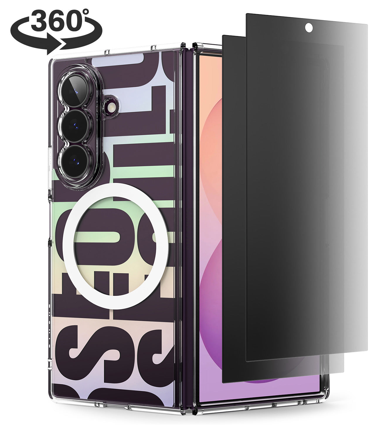 [Bundle] Galaxy Z Fold 8 Ultra | Fusion Design Magnetic + 360° Privacy - A clear protective case for a foldable smartphone with a large white circular MagSafe ring on the back, shown next to a black tempered glass screen protector. The phone inside displays a colorful screen, and a '360°' rotation graphic is in the top-left corner.