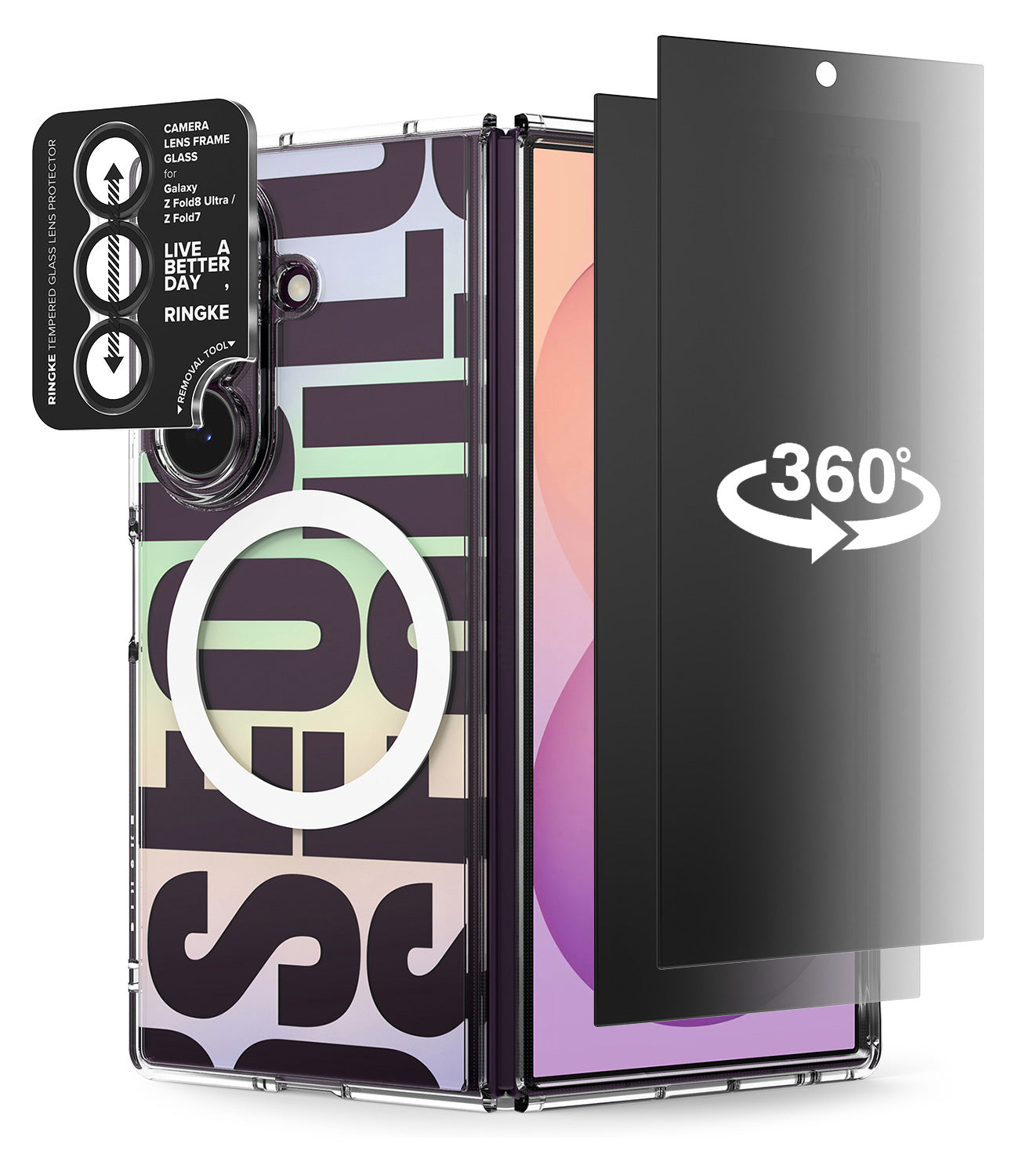 [Bundle] Galaxy Z Fold 8 Ultra | Fusion Design Magnetic + 360° Privacy & Camera Protectors - A smartphone case with a colorful abstract pattern in purple, green, beige, and black, shown with a black 360-degree screen protector and a black camera lens protector accessory.