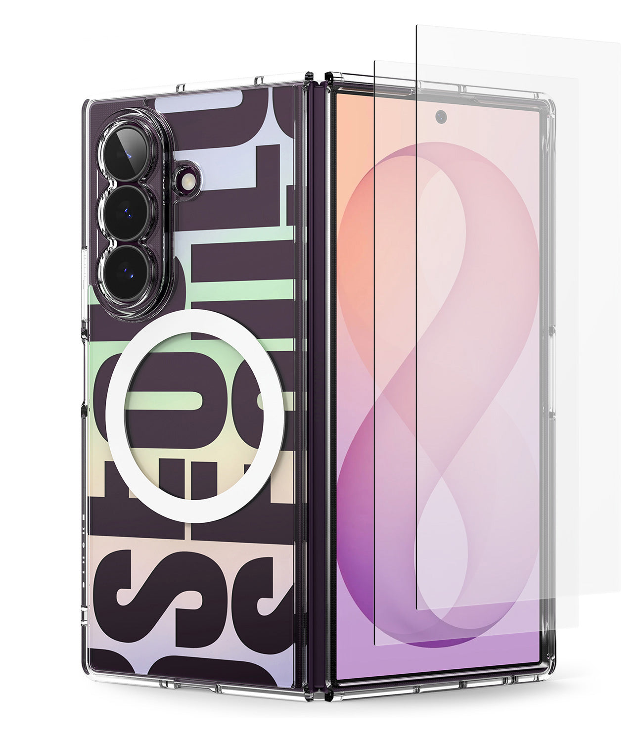 [Bundle] Galaxy Z Fold 8 Ultra | Fusion Design Magnetic + Screen Protectors - A clear protective case for a foldable smartphone, shown with a phone inside and a separate transparent screen protector positioned in front. The case features a dark graphic pattern with large stylized letters and a white circular ring accent.