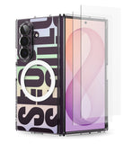 [Bundle] Galaxy Z Fold 8 Ultra | Fusion Design Magnetic + Screen Protectors - A clear protective case for a foldable smartphone, shown with a phone inside and a separate transparent screen protector positioned in front. The case features a dark graphic pattern with large stylized letters and a white circular ring accent.