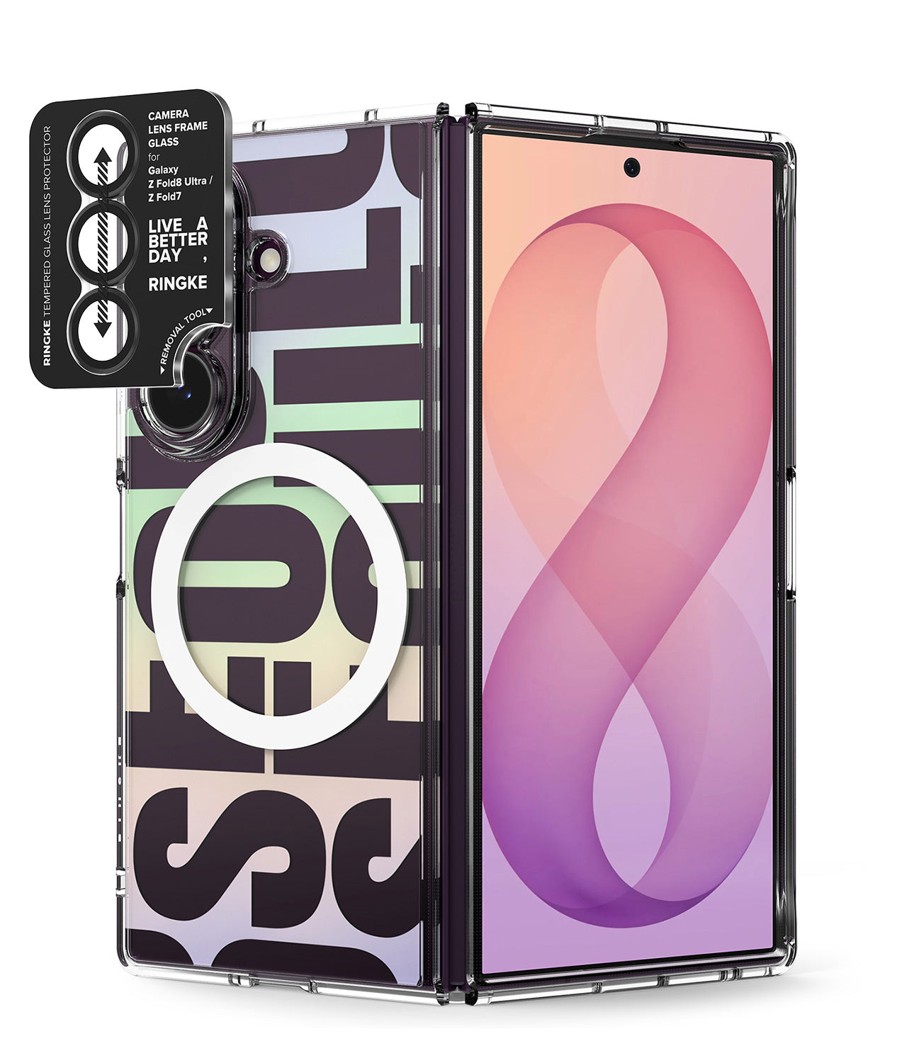 [Bundle] Galaxy Z Fold 8 Ultra | Fusion Design Magnetic + Camera Protectors - A clear protective phone case with a black camera bar and a large white circular MagSafe ring, shown on a smartphone. The back of the case features a graphic pattern of stylized black letters over a light background.