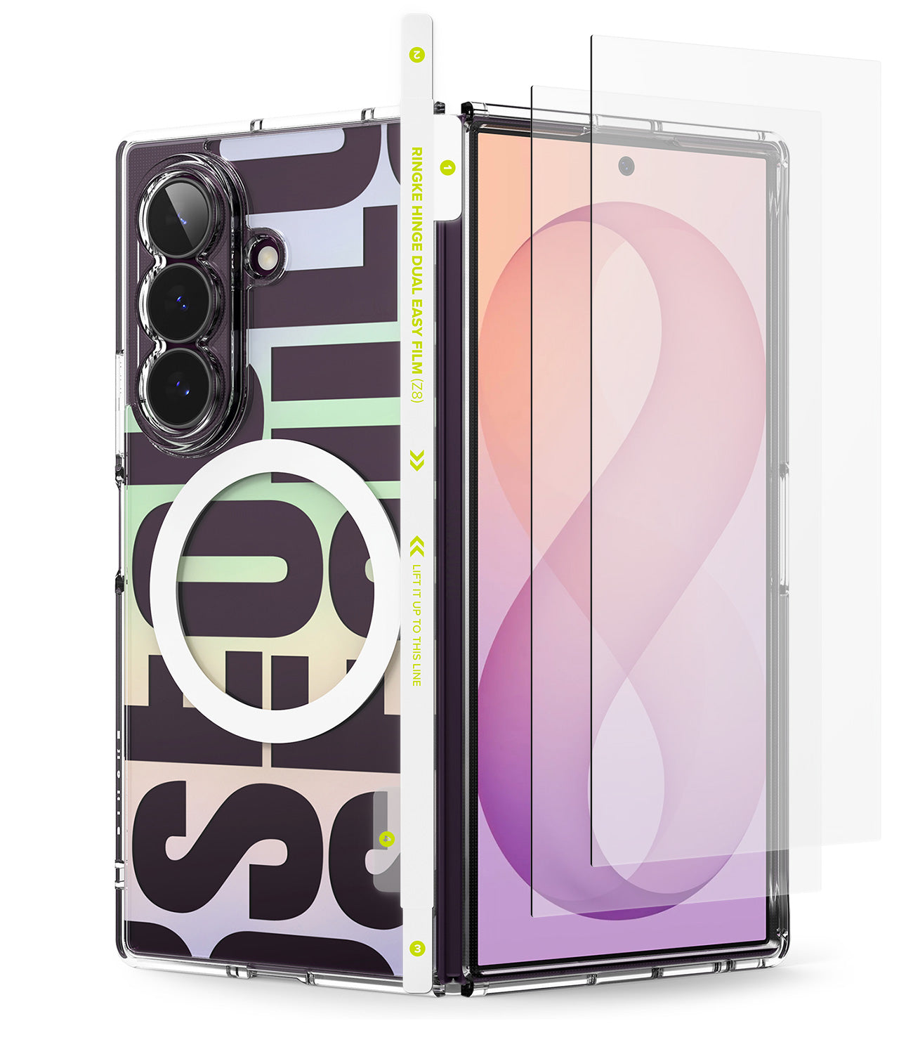 [Bundle] Galaxy Z Fold 8 Ultra | Fusion Design Magnetic + Screen & Hinge Protectors - A clear protective phone case with a bold black, purple, and green graphic pattern, shown alongside a matching clear screen protector over a smartphone.