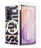 [Bundle] Galaxy Z Fold 8 Ultra | Fusion Design Magnetic + Screen & Hinge Protectors - A clear protective phone case with a bold black, purple, and green graphic pattern, shown alongside a matching clear screen protector over a smartphone.