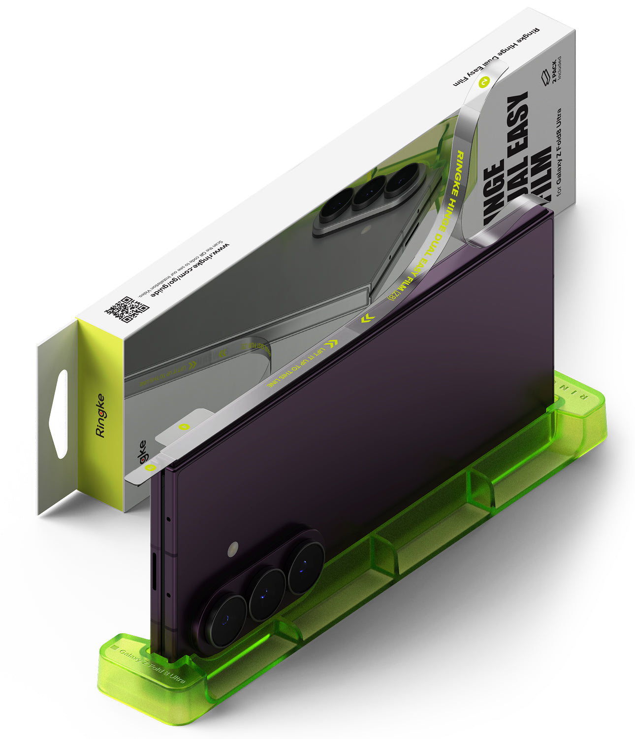 Galaxy Z Fold 8 Ultra Hinge Protector | Hinge Dual Easy Film (2 Pack) - A smartphone in a translucent lime green protective case, shown with its retail box on a clean white background. The packaging features lime green and white design with text including 'Ringke' and 'DUAL EASY FILM'.