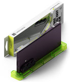 Galaxy Z Fold 8 Ultra Hinge Protector | Hinge Dual Easy Film (2 Pack) - A smartphone in a translucent lime green protective case, shown with its retail box on a clean white background. The packaging features lime green and white design with text including 'Ringke' and 'DUAL EASY FILM'.