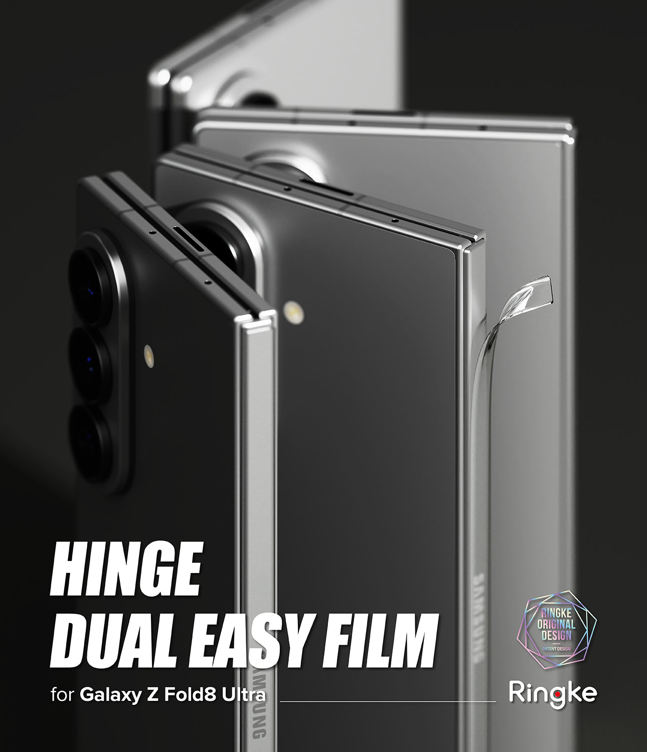Galaxy Z Fold 8 Ultra Hinge Protector | Hinge Dual Easy Film (2 Pack) - Three dark gray Samsung Galaxy Z Fold8 Ultra foldable phones shown closed, with large text reading 'HINGE DUAL EASY FILM' and Ringke branding on a dark studio background.