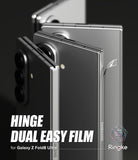 Galaxy Z Fold 8 Ultra Hinge Protector | Hinge Dual Easy Film (2 Pack) - Three dark gray Samsung Galaxy Z Fold8 Ultra foldable phones shown closed, with large text reading 'HINGE DUAL EASY FILM' and Ringke branding on a dark studio background.