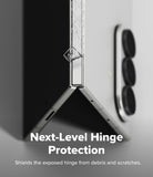 Galaxy Z Fold 8 Ultra Hinge Protector | Hinge Dual Easy Film (2 Pack) - Close-up of a silver smartphone hinge area with text reading 'Next-Level Hinge Protection' and smaller text below, showing a protective clear cover over the hinge.
