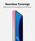 Galaxy Z Fold 8 Ultra Hinge Protector | Hinge Dual Easy Film (2 Pack) - A smartphone shown at an angle with a pink textured protective bumper around the left edge, under the text 'Seamless Coverage' and 'Wraps around the curved edges for more protection.' on a light gray background.