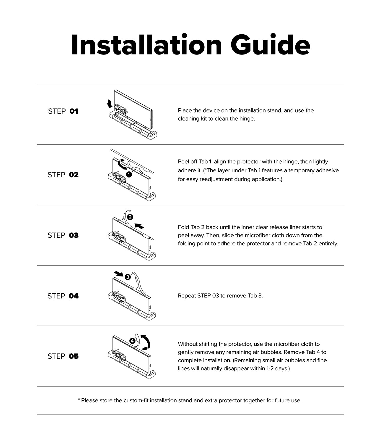 Galaxy Z Fold 8 Ultra Hinge Protector | Hinge Dual Easy Film (2 Pack) - An installation guide sheet with five numbered steps in black text and small line drawings showing how to place and attach a custom device to a stand and protector, on a white background.