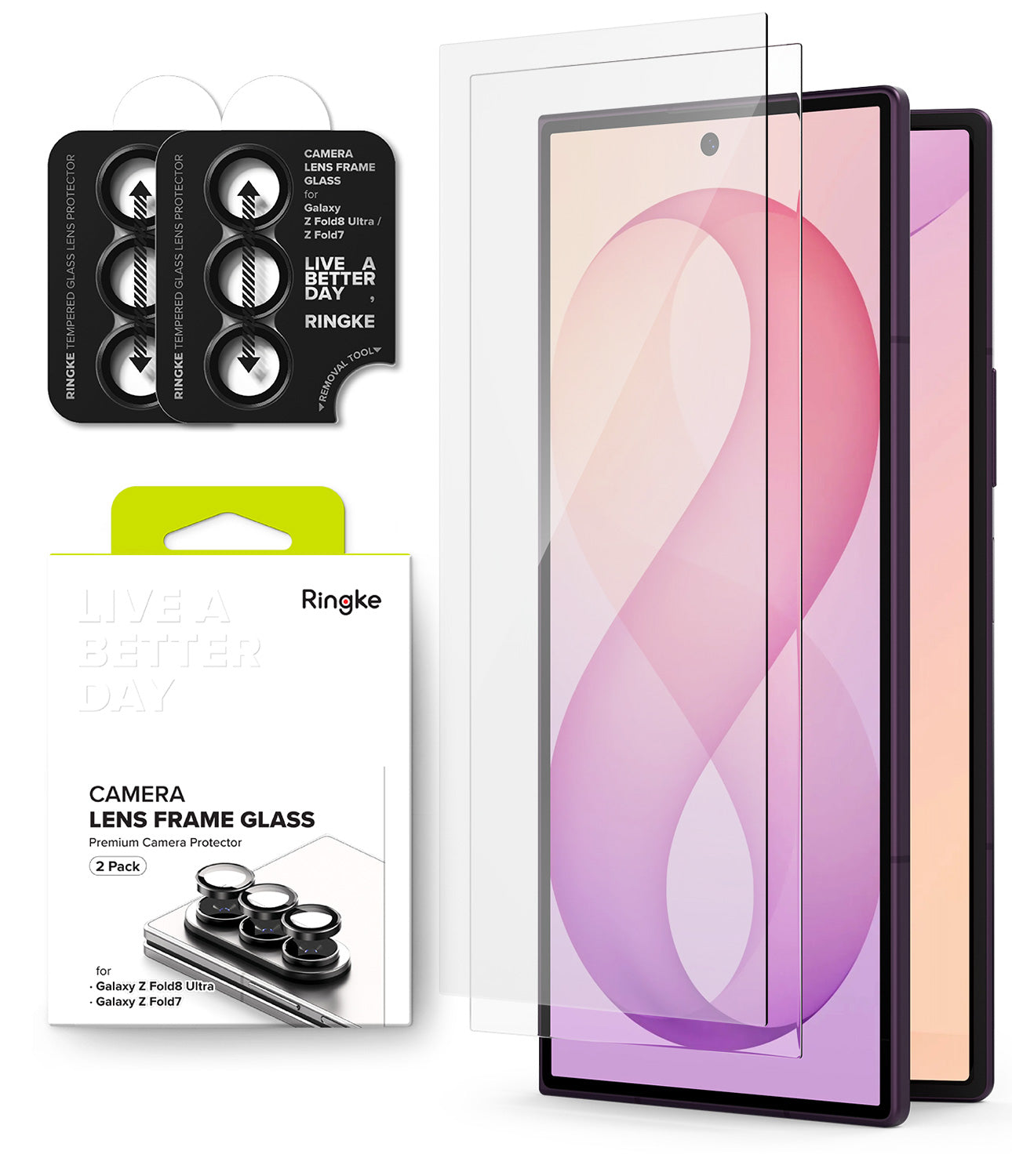 [Bundle] Galaxy Z Fold 8 Ultra | Screen + Camera Protectors - Two clear Ringke camera lens frame glass screen protectors shown over a smartphone, alongside the retail packaging and a blister pack of two screen protectors on a clean white background.
