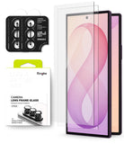 [Bundle] Galaxy Z Fold 8 Ultra | Screen + Camera Protectors - Two clear Ringke camera lens frame glass screen protectors shown over a smartphone, alongside the retail packaging and a blister pack of two screen protectors on a clean white background.