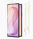 [Bundle] Galaxy Z Fold 8 Ultra | Screen + Hinge Protectors - Two clear tempered glass screen protectors shown partially covering a smartphone, with two white protective adhesive strips standing to the right on a light gray background.